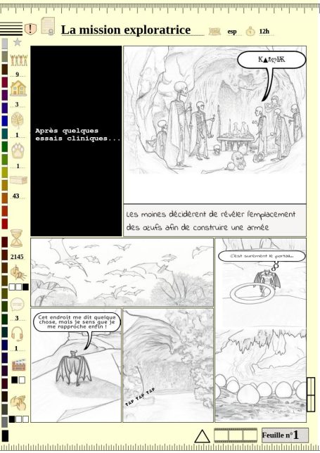 Scène de bande dessinée avec personnages explorant un paysage fantastique.
